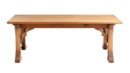Wooden dining table, rustic style with sturdy legs, ideal for family gatherings or dining room decor, ample space for settings. Isolated on white background or PNG
