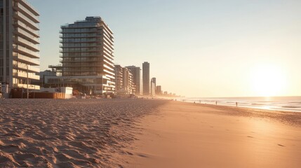 A serene beach scene featuring araffes with urban buildings in the background, highlighting the contrast between nature and city life.