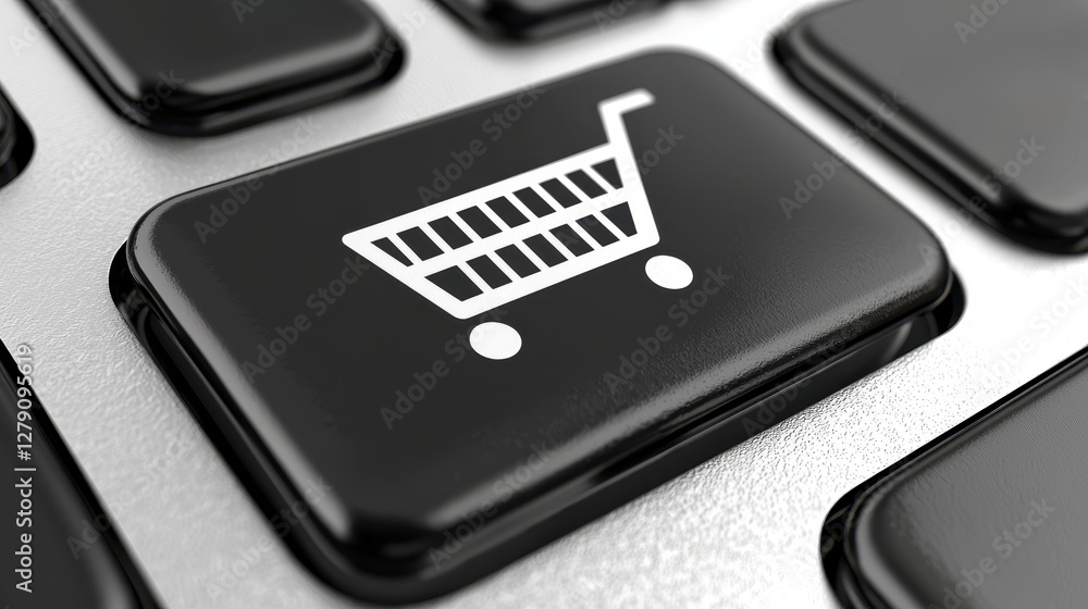 Poster online shopping button close-up on modern keyboard highlighting e-commerce activity
