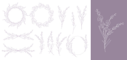 Lavender Line Drawing. Outline Lavender illustration. Hand Drawn lavener. Black and white Flowers. Monochrome Floral Line Art.  Botanical Coloring. Lavender Wedding