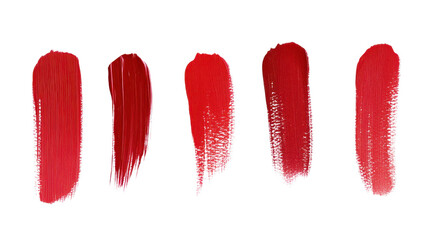 Vibrant red nail polish swatches, showcasing various shades and finishes, perfect for beauty product promotion. Isolated on white background or PNG
