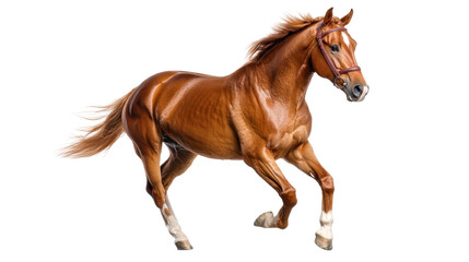 Naklejka premium Energetic horse galloping, sleek chestnut coat shining, vibrant movement captures freedom and strength, ideal for equestrian themes. Isolated on white background or PNG