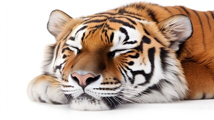 Fototapeta premium Close up of Sleeping Orange and Black Striped Tiger on White Background Resting Peacefully