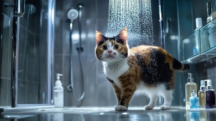 Curious calico cat exploring shower modern bathroom realistic image indoor close-up playful atmosphere