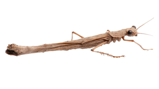 Wooden stick insect perched on a branch, showcasing natural camouflage, ideal for showcasing insect adaptation in nature. Isolated on white background or PNG