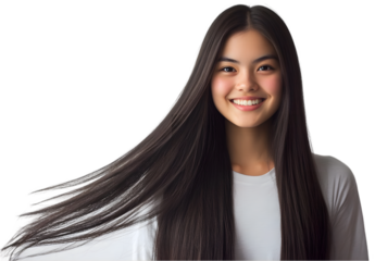 a beautiful, smiling woman with long, straight hair looking at the camera, isolated on a white background