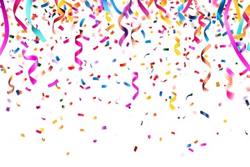 Fototapeta premium Colorful Confetti and Ribbons Falling on White Background