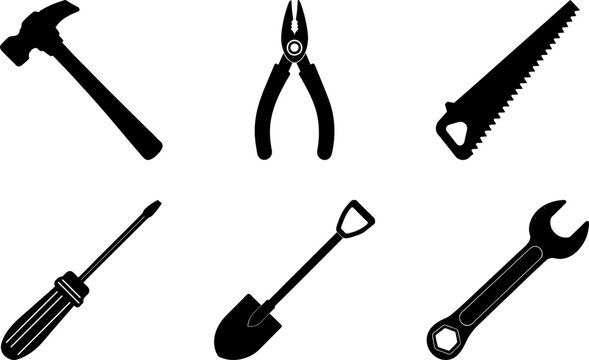 Set of tools silhouette vector illustration featuring hammer, wrench, screwdriver, pliers, saw, drills, spanner, and other construction and repair equipment icons.