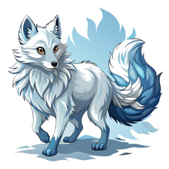 A pristine white Arctic fox gracefully trotting across a frost-covered, snow-laden landscape.  Sunlight glints off its fur.