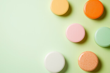 Obraz premium Colorful round cookies arranged on a light green background create a vibrant and inviting display