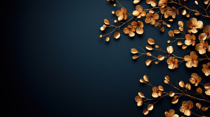 Golden cherry blossom branches on dark navy blue background