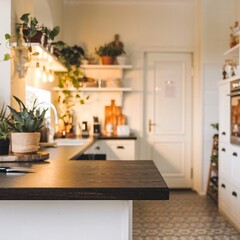 Dark kitchen countertop with a blurred background of a bright, modern kitchen, featuring plants, shelves, and warm lighting, creating a cozy atmosphere