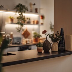 Dark kitchen countertop with a blurred background of a bright, modern kitchen, featuring plants, shelves, and warm lighting, creating a cozy atmosphere