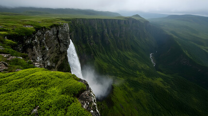 Majestic waterfall cascading down cliff, green valley panorama. Use travel brochure