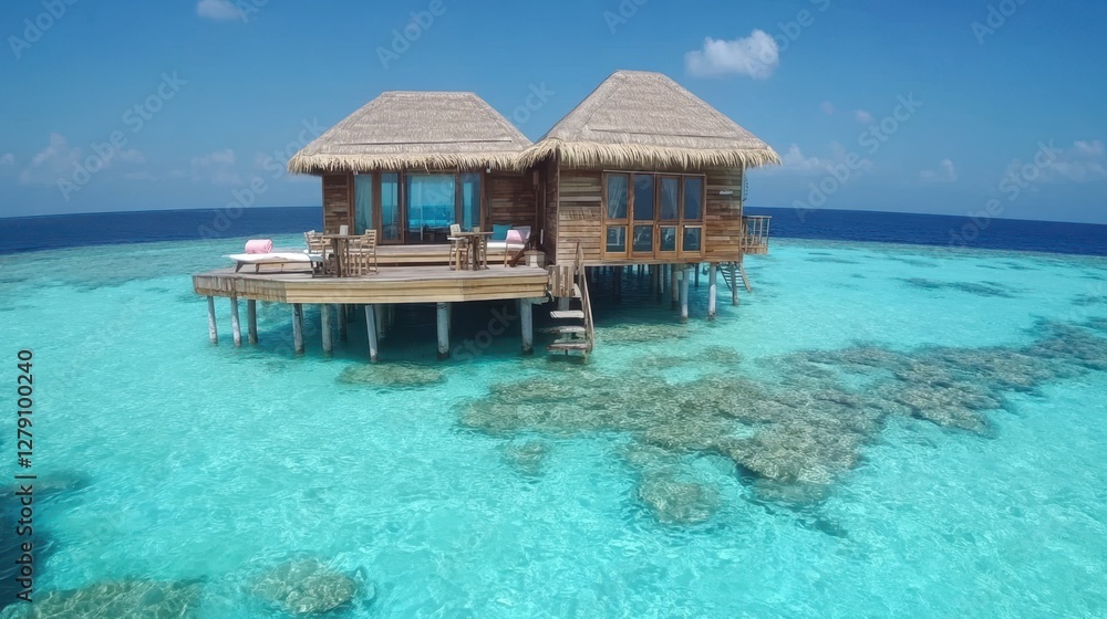 Wall mural Two thatched huts sit gracefully on the water, featuring a wooden deck that enhances the serene and picturesque landscape.