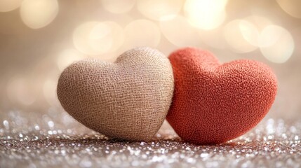 Fototapeta premium Two hearts together on glittering background