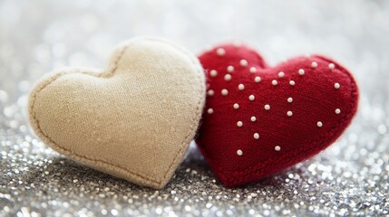 Obraz premium Two plush hearts together on a glittering background