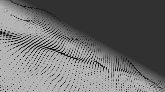 Technology futuristic digital flow seamless looping. Abstract glowing digital cyber visual waves made of black particles and dots move on a gray background
