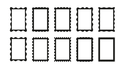 Set of Retro FRAMES WITH DOODLE curvy squiggly wavy. Wave scalloped edge frame. Cute curved frame box. Trendy vector template for greeting card, poster, invitation. Empty text boxes, stamps, tags