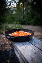 A black cast iron pot filled with fresh chopped vegetables sits atop a weathered wooden surface in a natural outdoor setting. The warm glow of the ingredients contrasts with the cool forest background