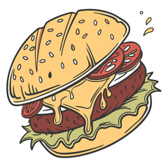 This cartoon illustration features a delicious cheese burger with fresh ingredients including lettuce, tomato, and melted cheese against a clean white backdrop. Perfect for food-related designs