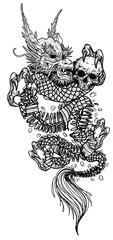 Tattoo art dragon holding a skull hand drawing and sketch black and white