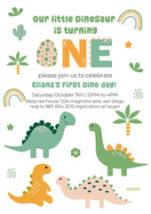 Birthday invitation card vector template. Dinosaur birthday Party theme with dinosaur, tree, plants and other elements.