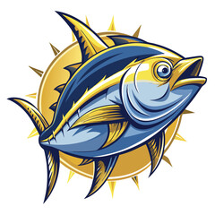 A powerful, dynamic image of a yellowfin tuna swimming in the ocean, showcasing its vibrant yellow fins and muscular body. Bold, impactful composition.