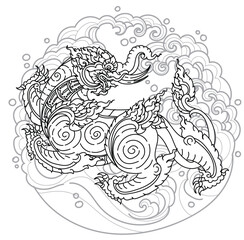 Tattoo art thai elephant has a body that looks like a tiger. hand drawing and sketch black and white
