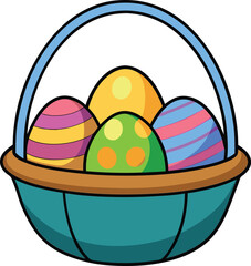 Easter egg basket vector illustration with colorful eggs, spring season, holiday celebration, Easter symbol, festive design, decorative eggs, traditional Easter artwork.