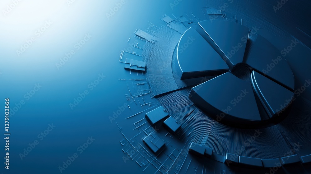 Poster abstract blue pie chart design with dynamic lines, representing data visualization and analytics