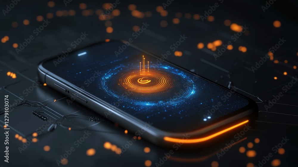 Poster futuristic smartphone with glowing circular interface and network background