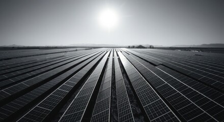 Monochrome expanse of solar panels under a bright sun, showcasing sustainable energy generation.
