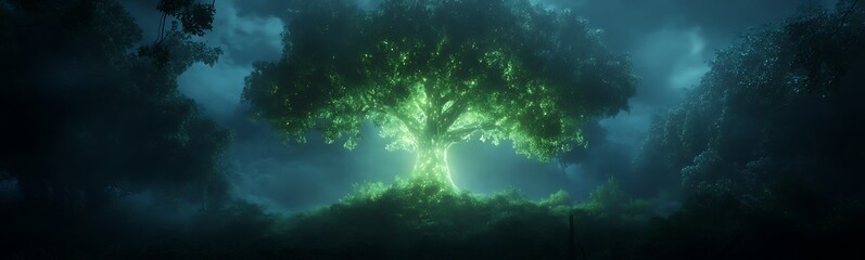 Obraz premium A glowing tree stands out against a dark, enchanting backdrop, capturing a mystical atmosphere.