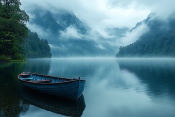 Fototapeta premium Misty Mountain Lake with a Quiet Rowboat