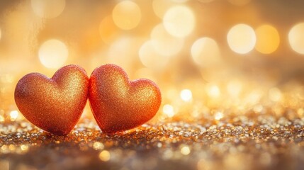 Obraz premium Two glittering hearts on golden background