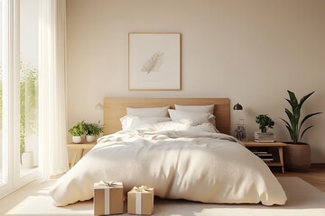 there is a bed with a white comforter and a gift box on the floor