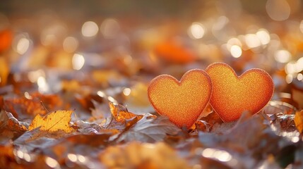 Fototapeta premium Two Golden Hearts Resting on a Bed of Autumn Leaves