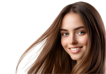 Fototapeta premium a beautiful, smiling woman with long, straight hair looking at the camera, isolated on a white background