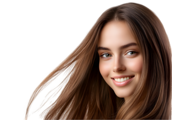 a beautiful, smiling woman with long, straight hair looking at the camera, isolated on a white background