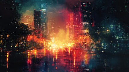 there is a city at night with a lot of lights on the buildings