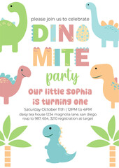 Birthday invitation card vector template. Dinosaur birthday Party theme with dinosaur, tree, plants and other elements.