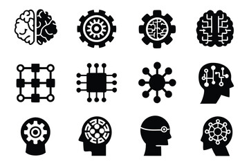 Design a collection of icons representing deep learning neural networks, using a clean, modern aesthetic.  Include various network types and data visualization elements.
