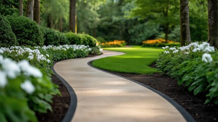 Obraz premium Serene garden pathway with vibrant flowers and tall trees leading to a peaceful pond during a sunny afternoon