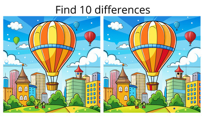 Vector illustration of "Find 10 Differences" featuring colorful hot air balloons above a cityscape