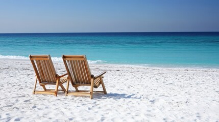 Fototapeta premium Two rustic wooden chairs positioned on a sandy beach, overlooking the serene ocean waves and creating a tranquil seaside atmosphere.