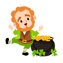 Funny dancing leprechaun with a pot of gold coins and a shamrock