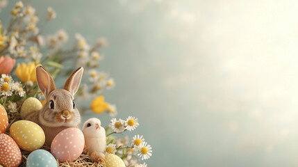 Obraz premium A charming and realistic Easter illustration featuring pastel-colored eggs, fluffy bunnies, and blooming spring flowers. A playful scene with soft lighting, delicate textures, and a joyful, festive at