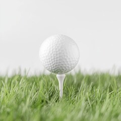 Golf Ball Mockup. A close-up of a white golf ball resting on a tee, surrounded by lush green grass. The background is softly blurred for focus.