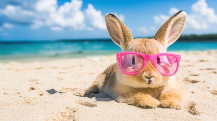 A stylish rabbit dons pink sunglasses while enjoying a sunny day at the beach, embodying a playful summer vibe.